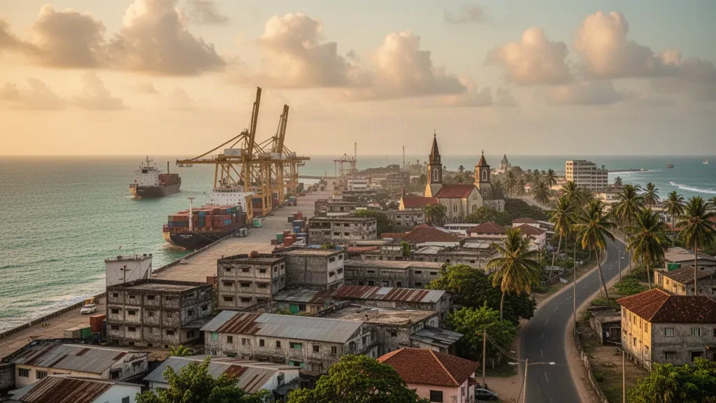 Blick zur goldenen Stunde über den Hafen von Takoradi und die Skyline von Sekondi-Takoradi in Ghanas Western Region, mit Frachtschiffen am Kai.