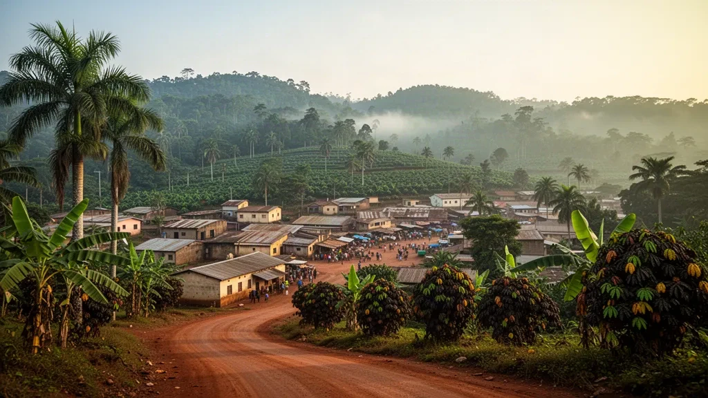 Rolling green hills and cocoa farms surrounding the town of Sefwi Wiawso in Ghana's Western North Region at golden hour