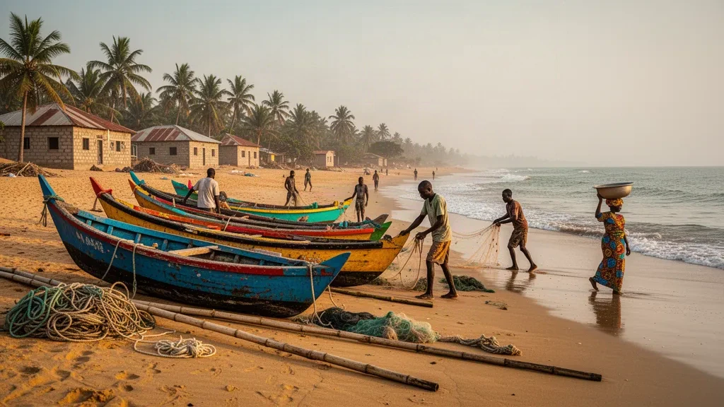 Colourful wooden fishing pirogues and fishermen on Tanji beach in The Gambia's West Coast Region at golden hour