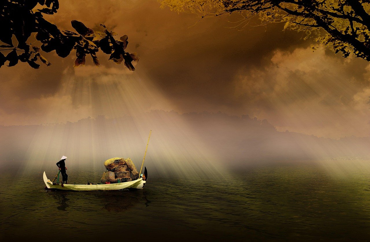 pescador, barco, río, barco de pesca, pesca, agua, rayos de sol, luz solar, naturaleza, sombrío, campo, paisaje