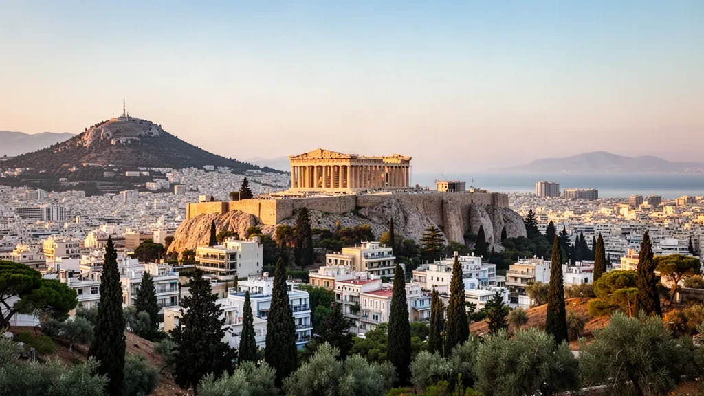 Vue à l'heure dorée de l'Acropole et du Parthénon au-dessus des toits d'Athènes en Attique, Grèce