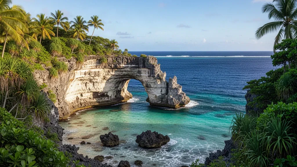 Turquoise lagoon and limestone Talava Arches on Niue's coral coast, framed by dense tropical forest in Pacific daylight