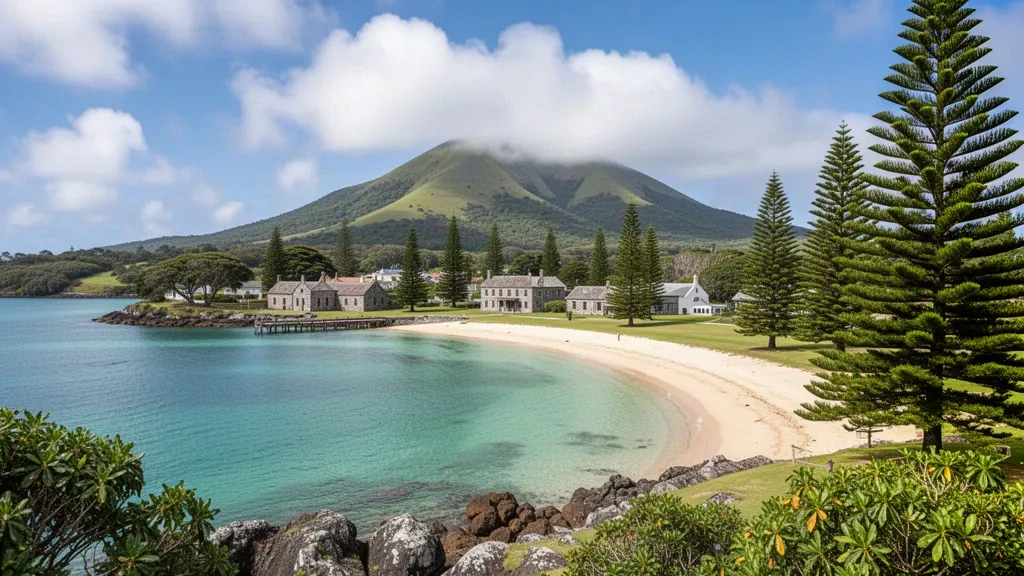 Türkisfarbene Lagune in der Emily Bay, umrahmt von hoch aufragenden Norfolk Island-Kiefern, mit der historischen Siedlung Kingston und grünen Hügeln dahinter