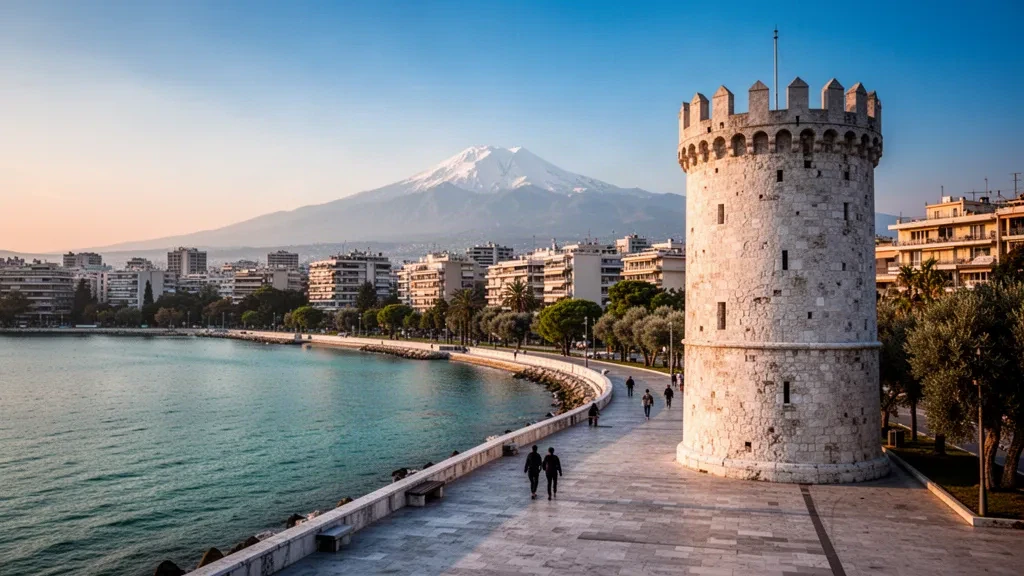 Selanik'te altın saatte Beyaz Kule ve sahil bulvarı, Orta Makedonya, Yunanistan, ufukta Olimpos Dağı