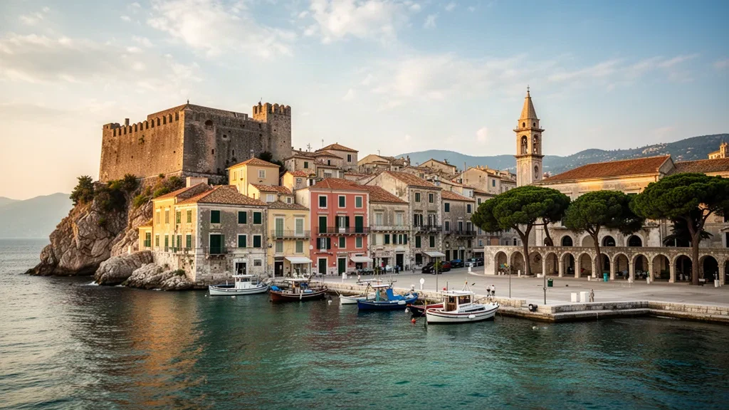 Il centro storico di Corfù e la sua Fortezza Vecchia veneziana sopra il Mar Ionio nell'ora dorata, punto di riferimento delle Isole Ionie greche.