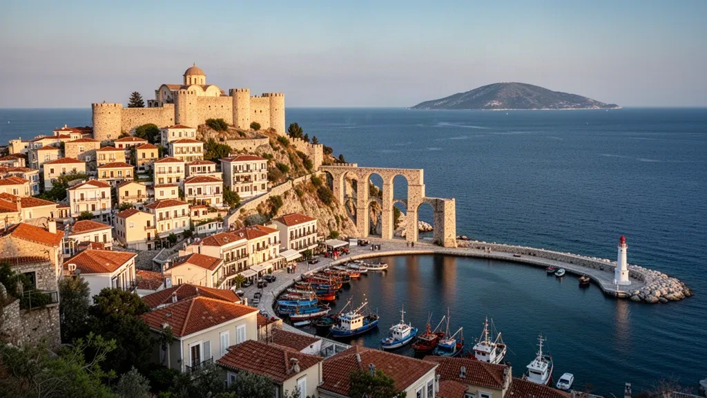 Città vecchia di Kavala, fortezza bizantina e acquedotto Kamares sopra il porto dell'Egeo in Macedonia Orientale e Tracia, Grecia