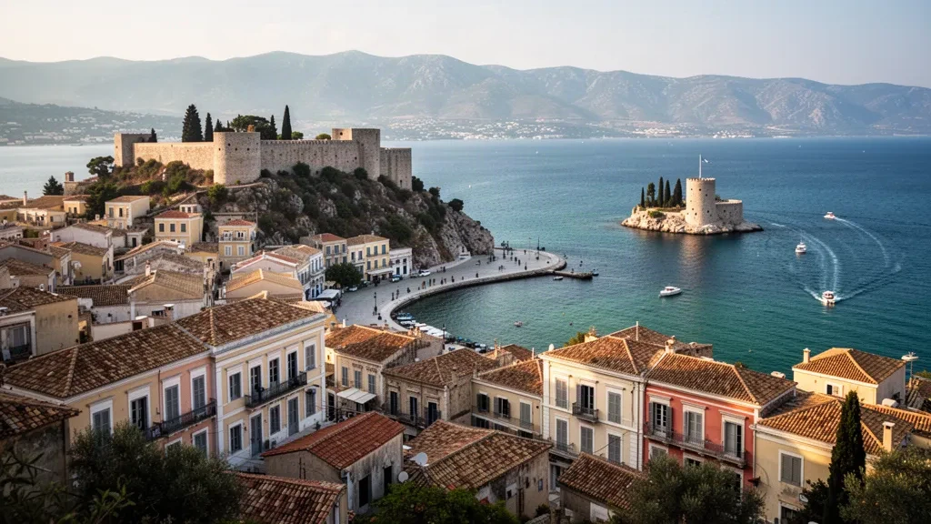 Vista panorámica a la hora dorada del casco antiguo de Nafplio en el Peloponeso, con la fortaleza de Palamidi y el islote de Bourtzi en el Golfo Argólico