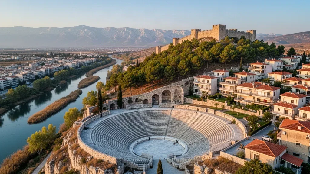 Erhöhte Ansicht von Larissa, Thessalien, zur goldene Stunde mit dem antiken Theater und dem byzantinischen Festungshügel über dem Tal des Pinios.