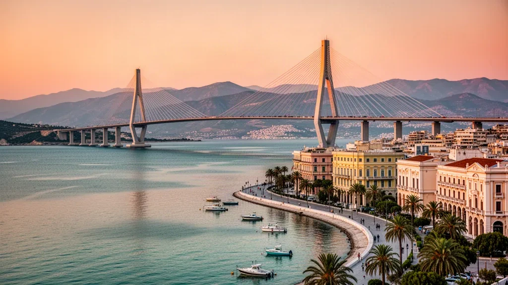 Panoramablick auf die Uferpromenade von Patras und die Rio-Antirrio-Brücke über dem Golf von Korinth in Westgriechenland bei Sonnenuntergang