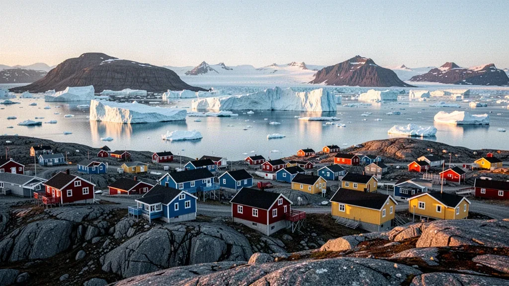 Ilulissat Icefjord with floating icebergs and colorful houses in Avannaata, Greenland under Arctic midnight sun