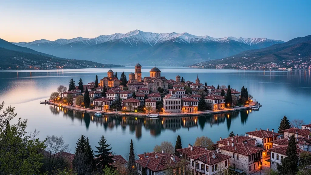 Panoramablick auf die Stadt Kastoria am Orestiada-See in Westmakedonien, Griechenland, mit traditionellen Häusern und Bergen in der Abenddämmerung.