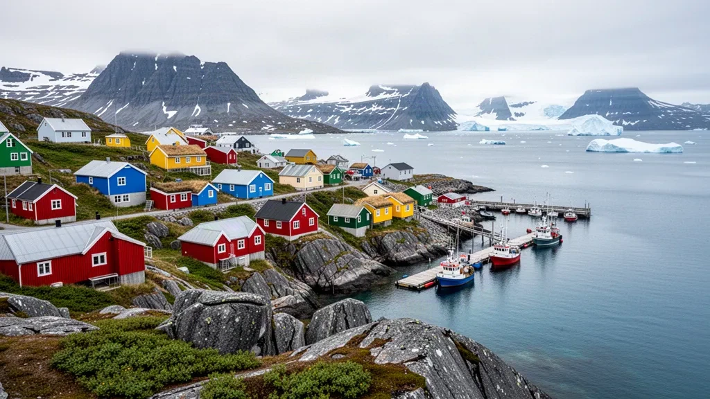 Colourful wooden houses on a rocky hillside above the fjord in Qaqortoq, Kujalleq, southern Greenland