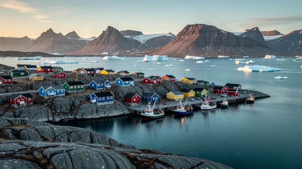 Maisons en bois colorées d'Aasiaat sur la côte rocheuse du Groenland, au bord de la baie de Disko, centre administratif de la municipalité de Qeqertalik