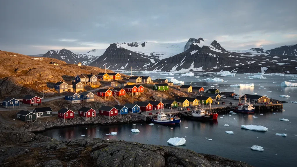 Bunte Holzhäuser von Sisimiut über der eisigen Bucht in Qeqqata, Grönland, im tiefen goldenen arktischen Abendlicht