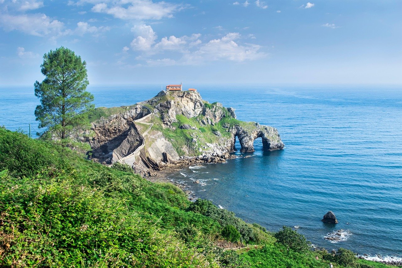 mer, marina, église, nature, montagne, falaise, nuages, bilbao, paysage
