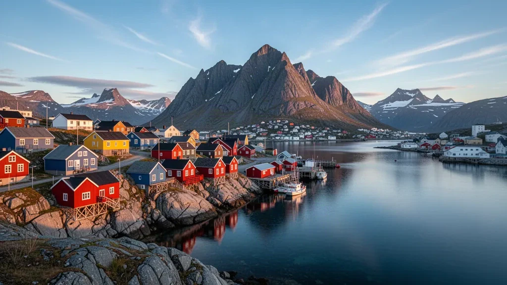 Bunte Holzhäuser von Nuuk, Grönland, mit dem Berg Sermitsiaq im Hintergrund, die sich im ruhigen Wasser des Fjords im Licht der goldenen Stunde spiegeln.