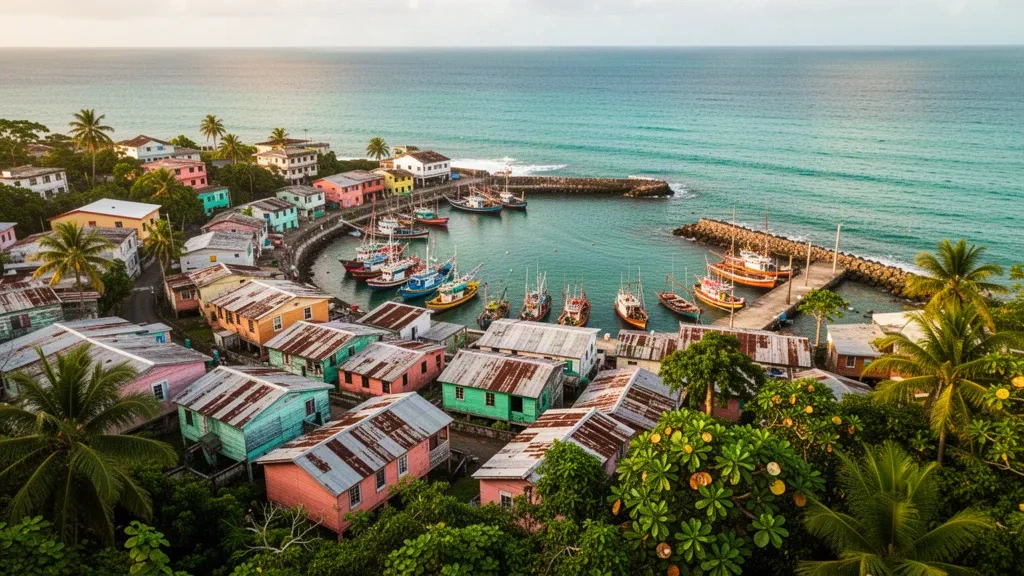 Maisons en bois colorées et bateaux de pêche au-dessus du port turquoise de la Caraïbe à Gouyave, Saint John, Grenade