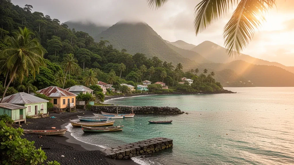 Turquoise Caribbean coastline of Saint Mark Parish, Grenada, with lush volcanic hills, palms and moored fishing boats near Victoria
