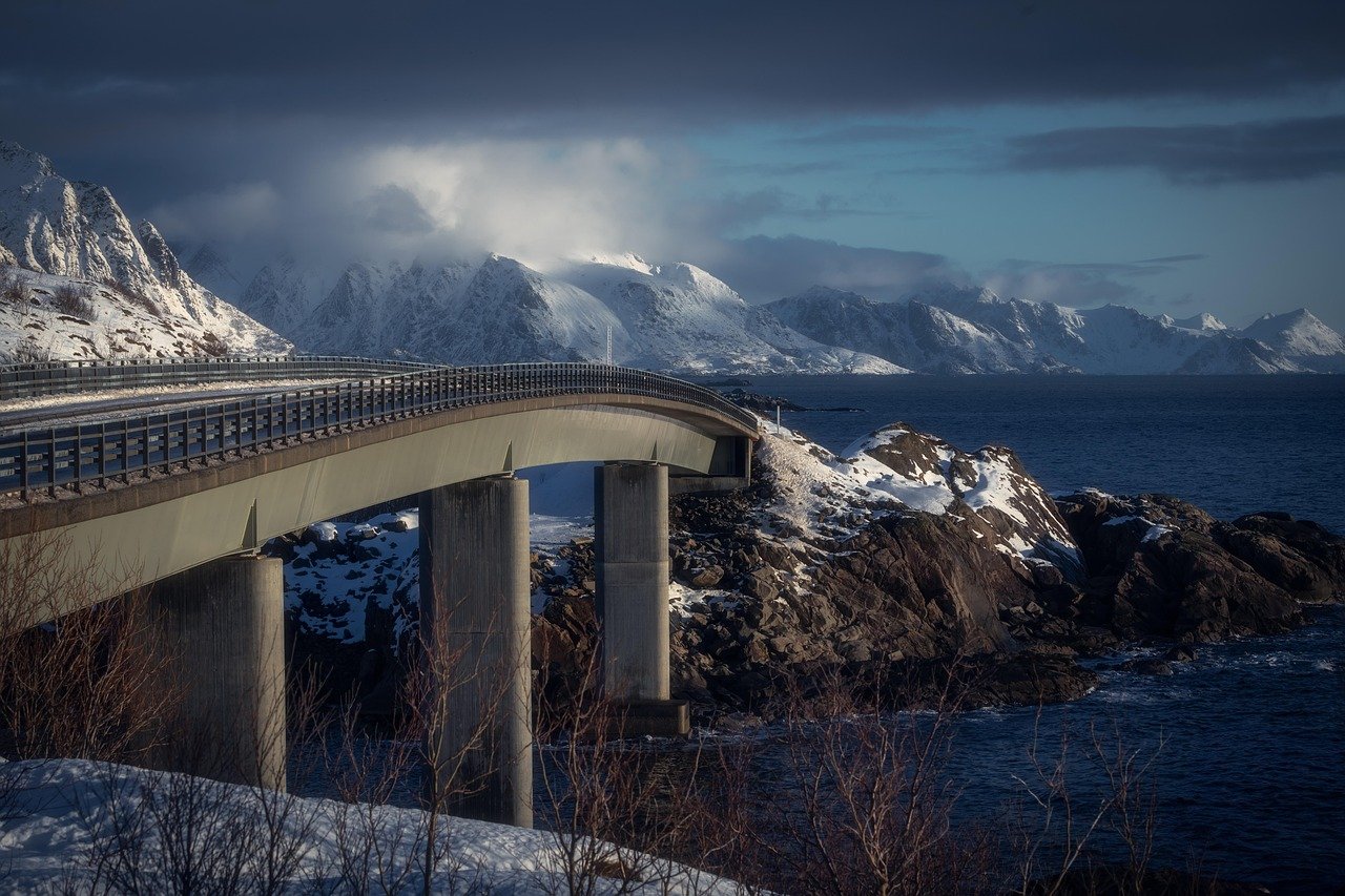 Brücke, Lofoten, Norwegen, Winter, Schnellstraße, Berge, Landschaft, Natur, Nebel, Wolken, Brücke, Brücke, Brücke, Brücke, Brücke, Natur