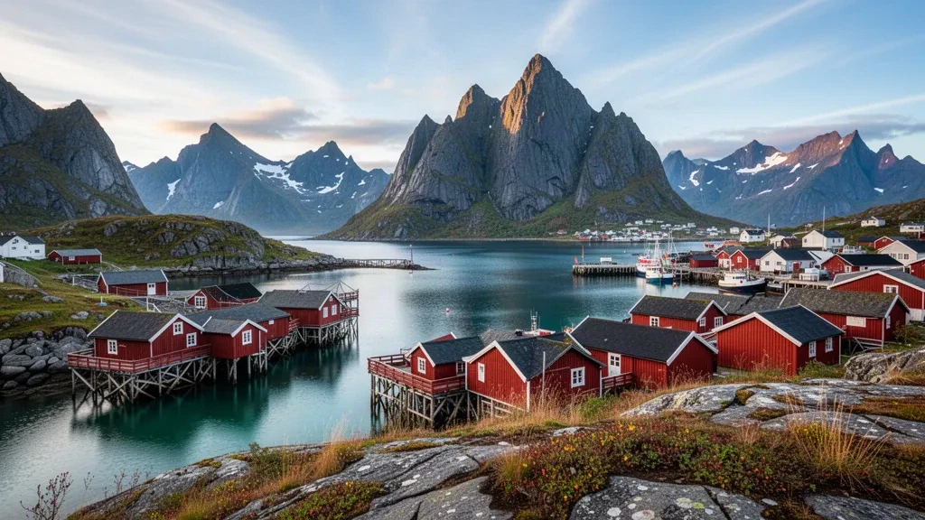 Rote Fischerhütten des Dorfes Reine auf Stelzen über türkisfarbenem Fjordwasser, eingerahmt von zerklüfteten Berggipfeln der Lofoten in Norwegen