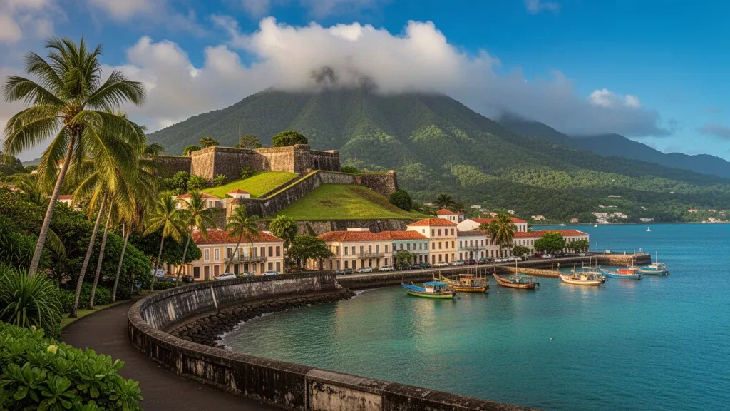 Frente marítimo de Basse-Terre, Guadalupe, con el Fuerte Delgrès, tejados coloniales y el volcán Soufrière bajo la luz tropical del Caribe