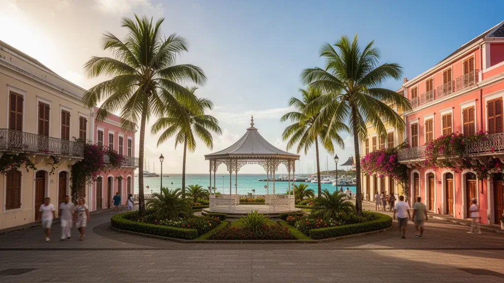 Place de la Victoire bordée de palmiers à Pointe-à-Pitre, Guadeloupe, avec un kiosque à musique en fonte et des façades coloniales pastel à l'heure dorée
