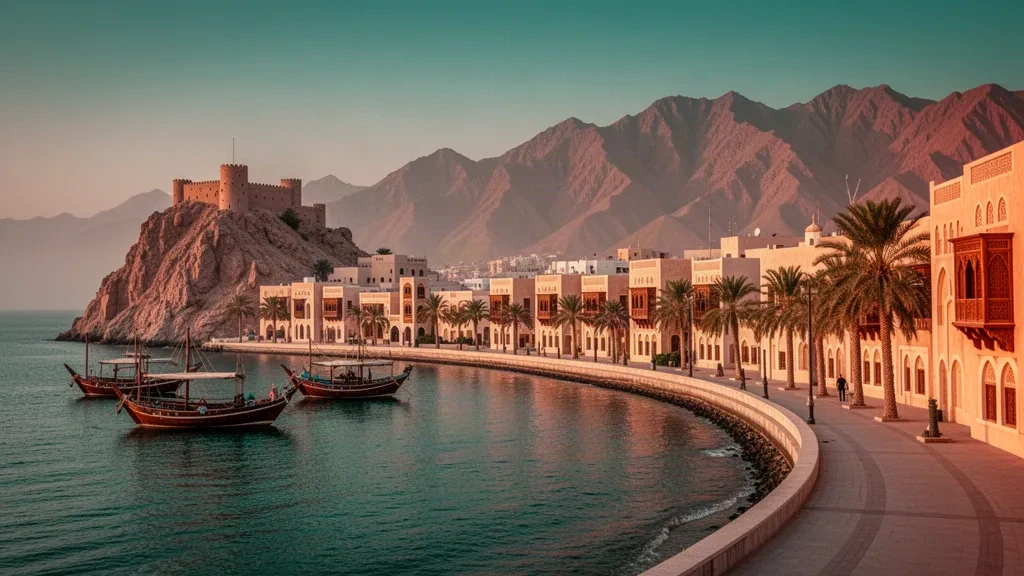 Vista durante la hora dorada del paseo marítimo de Mutrah en Mascate, Omán, con arquitectura árabe tradicional, dhows en el puerto y el fuerte de Mutrah bajo las montañas Hajar