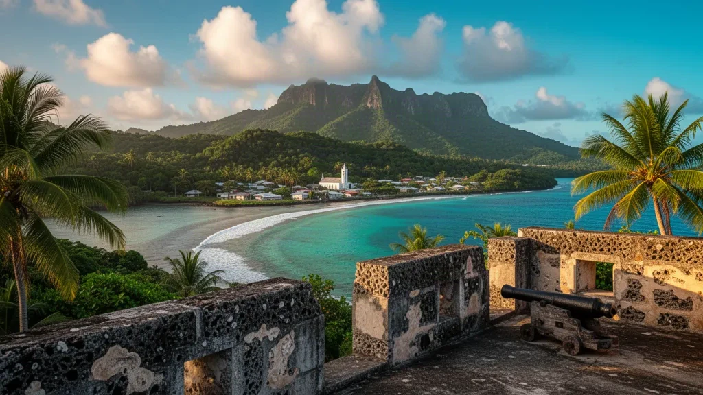 Murallas de piedra del Fuerte Nuestra Señora de la Soledad con vistas a la turquesa bahía de Umatac y a las verdes colinas selváticas del sur de Guam