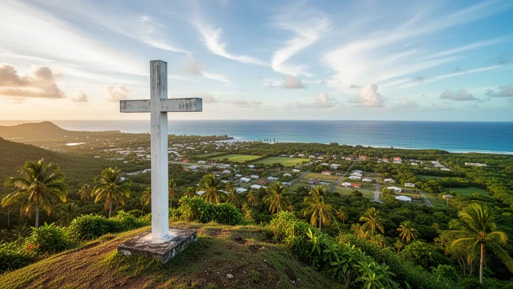 Vue panoramique de Yigo, à Guam, depuis le mont Santa Rosa, montrant une croix blanche sur une colline herbeuse surplombant la jungle tropicale et l'océan Pacifique à l'heure dorée.