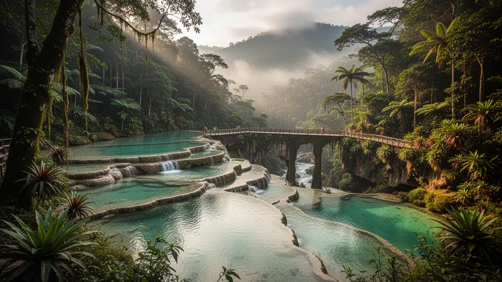 Turquoise limestone pools of Semuc Champey surrounded by dense cloud forest in Alta Verapaz, Guatemala