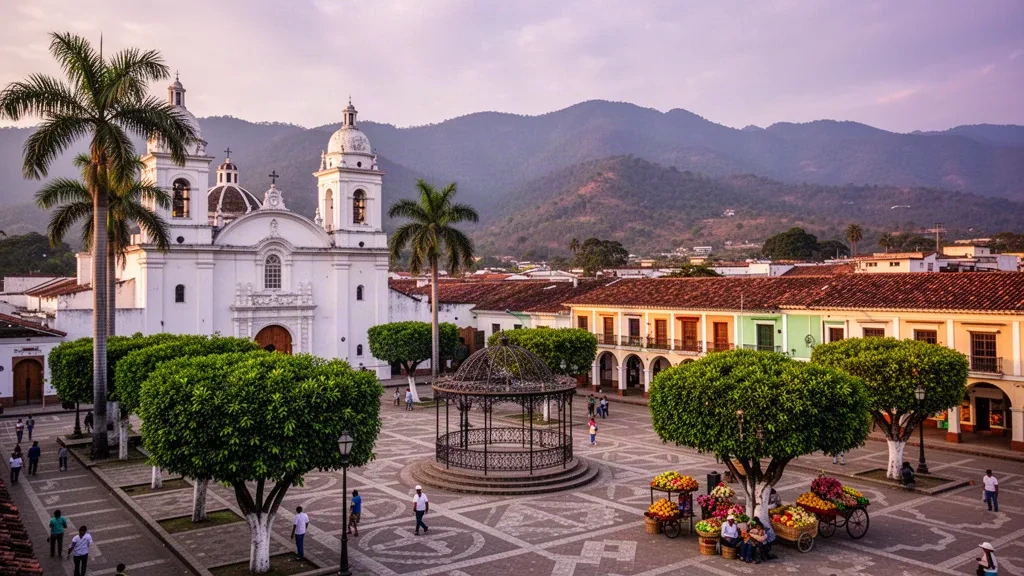 Luz dorada de la tarde sobre el parque central de Chiquimula, la catedral colonial y las montañas circundantes en el oriente de Guatemala