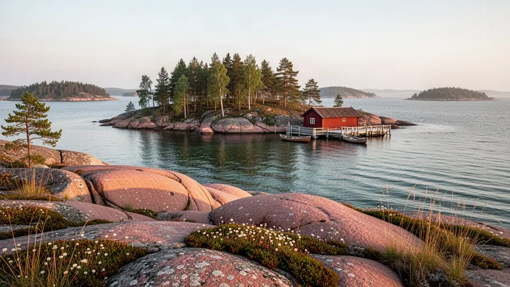 Red granite islets and calm Baltic water in the Åland Islands archipelago, with a traditional wooden boathouse, jetty and pine forest at dusk.