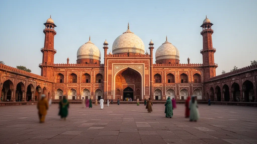 Mosquée Badshahi à Lahore, Pakistan, à l'heure dorée, ses dômes en grès rouge et ses minarets en marbre brillant au-dessus de la cour moghole