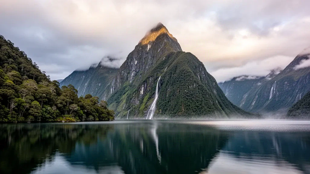 El pico Mitre elevándose sobre las tranquilas aguas de Milford Sound en el Parque Nacional Fiordland, Nueva Zelanda, bajo una suave luz matutina