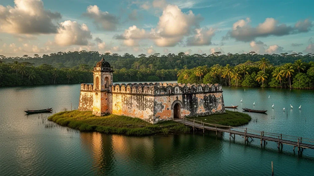 Forteresse coloniale en pierre du Castillo de San Felipe de Lara sur le lac Izabal, Guatemala, baignée d'une lumière chaude de fin d'après-midi