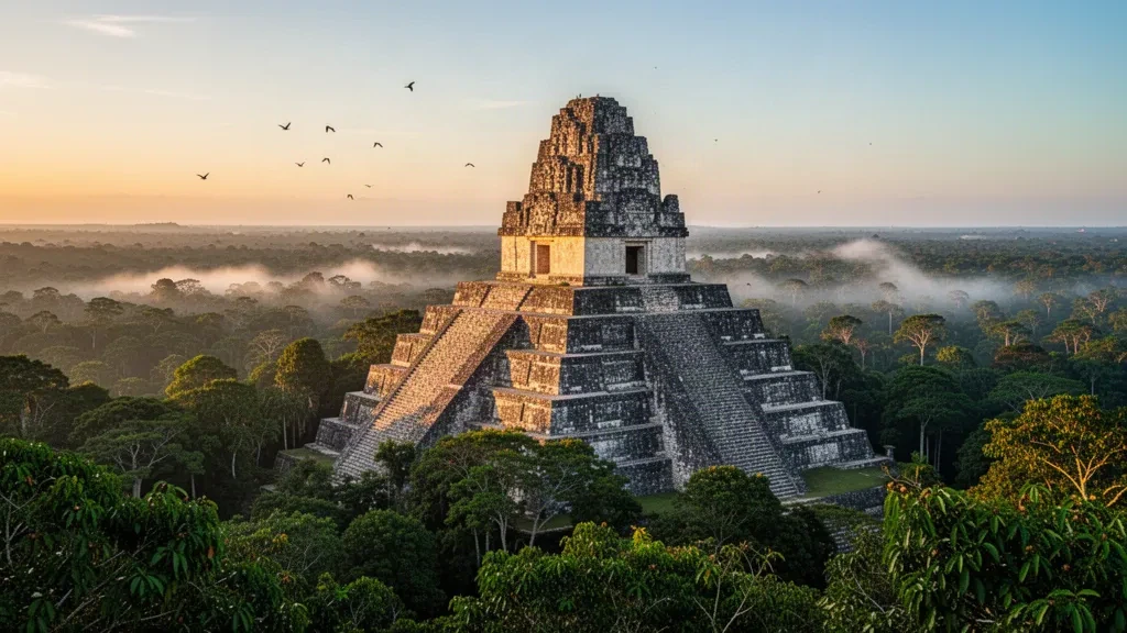 Templi Maya di Tikal che si ergono sopra la volta della foresta pluviale avvolta nella nebbia a Petén, Guatemala all'alba