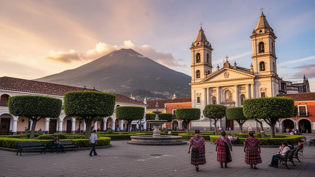 Quetzaltenango merkez meydanı ve katedral cephesi üzerinde öğleden sonra geç saatlerin ışığı, arka planda Guatemala yaylalarındaki Volcán Santa María