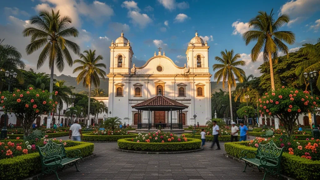 Iglesia parroquial colonial y parque central bordeado de palmeras en Retalhuleu, Guatemala, bañados por la cálida luz del final de la tarde
