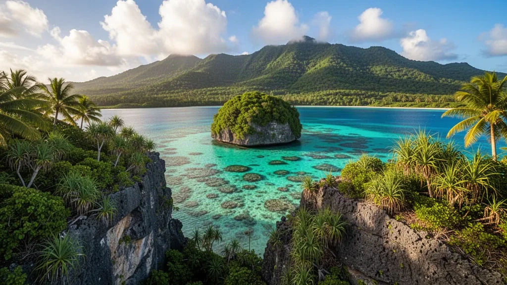 Lagon turquoise et îlot calcaire de Bird Island au large de Saipan dans les îles Mariannes du Nord, encadré par des falaises tropicales et une jungle verdoyante