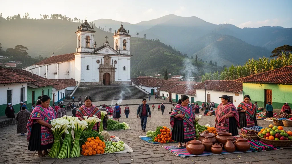 Vendedores mayas k'iche' con textiles coloridos en el mercado de Chichicastenango, bajo la iglesia colonial encalada en Quiché, Guatemala