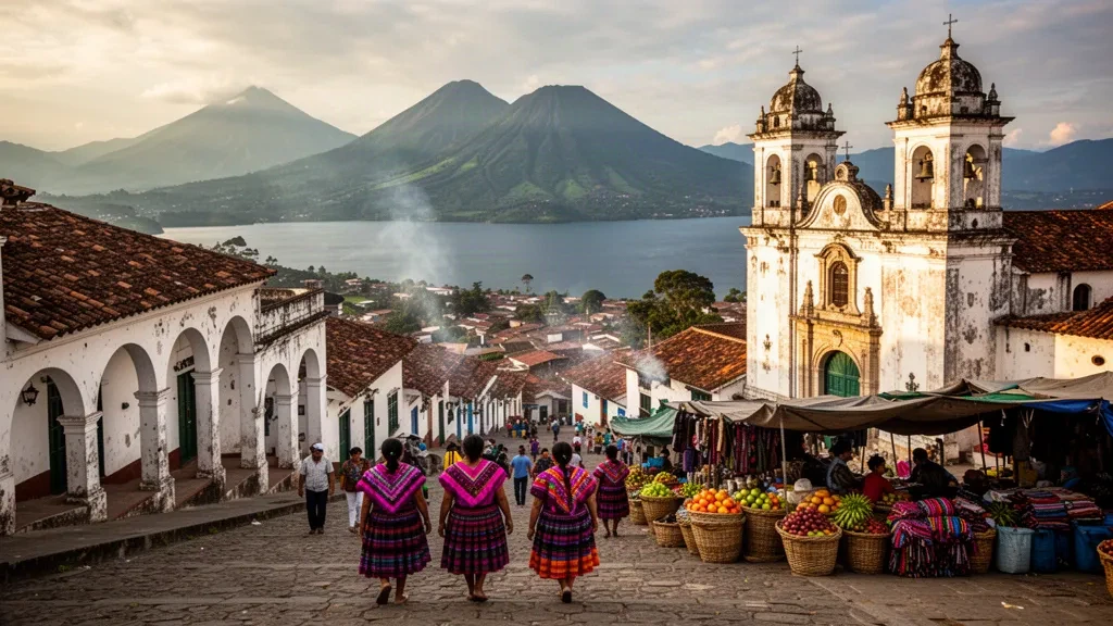 Mujeres mayas con coloridos huipiles cruzando la plaza de Sololá, Guatemala, con el lago Atitlán y los volcanes más allá de la ciudad del altiplano