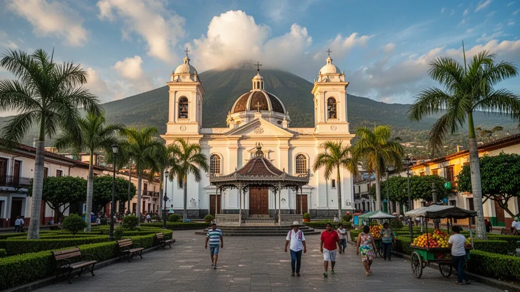 Warm afternoon light over Mazatenango central plaza and its whitewashed church in Suchitepéquez, Guatemala