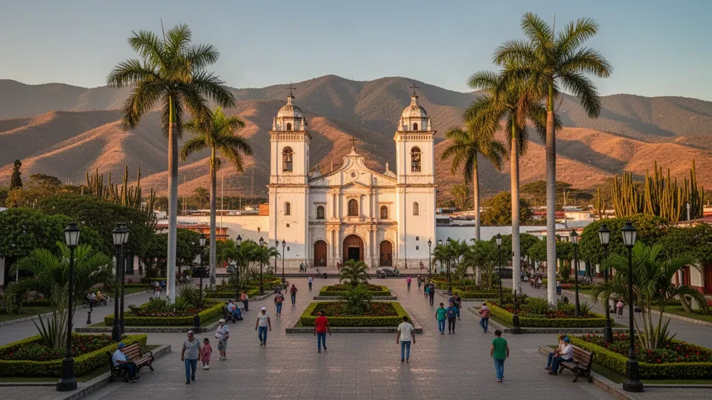 Vista durante la hora dorada de la plaza central de Zacapa, Guatemala, con la catedral de dos torres, palmeras y crestas montañosas secas al fondo