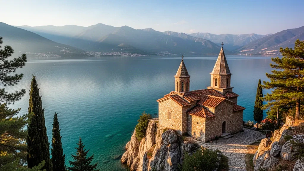 Rives du lac d'Ohrid avec l'église Saint-Jean de Kaneo en Macédoine du Nord sous un ciel dégagé