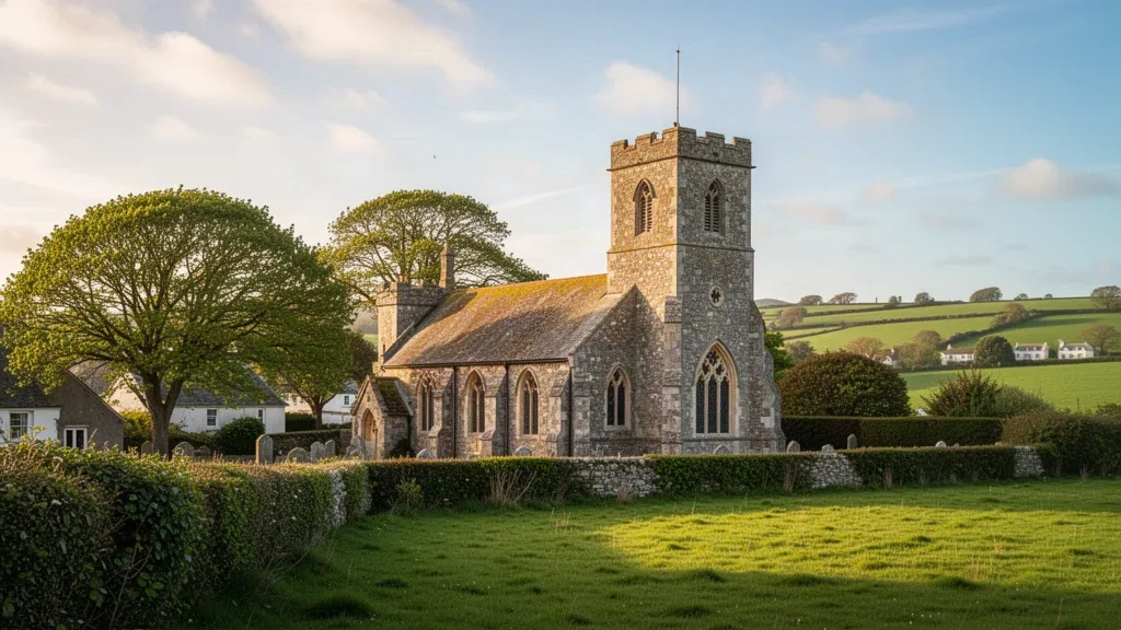 Historic St Saviour's Parish Church in Guernsey surrounded by trees and green fields under soft daylight