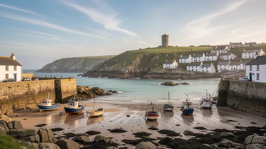 Puerto de granito con barcos de pesca en marea baja y casas encaladas en Vale, Guernsey, bajo una suave luz costera del final de la tarde