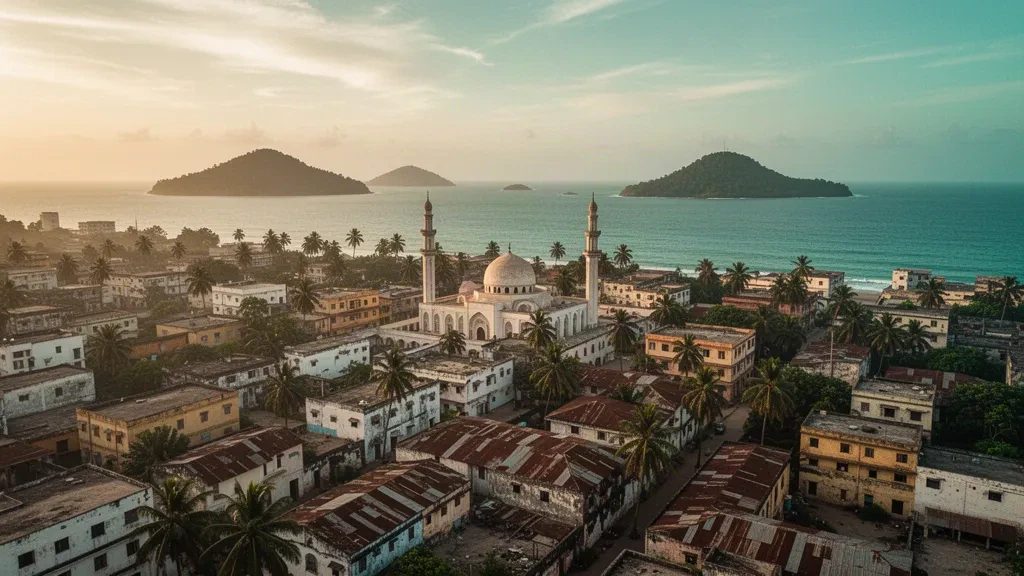 Minareti della Grande Moschea sopra lo skyline della penisola di Kaloum a Conakry, Guinea, con l'Oceano Atlantico e le Îles de Los nell'ora d'oro