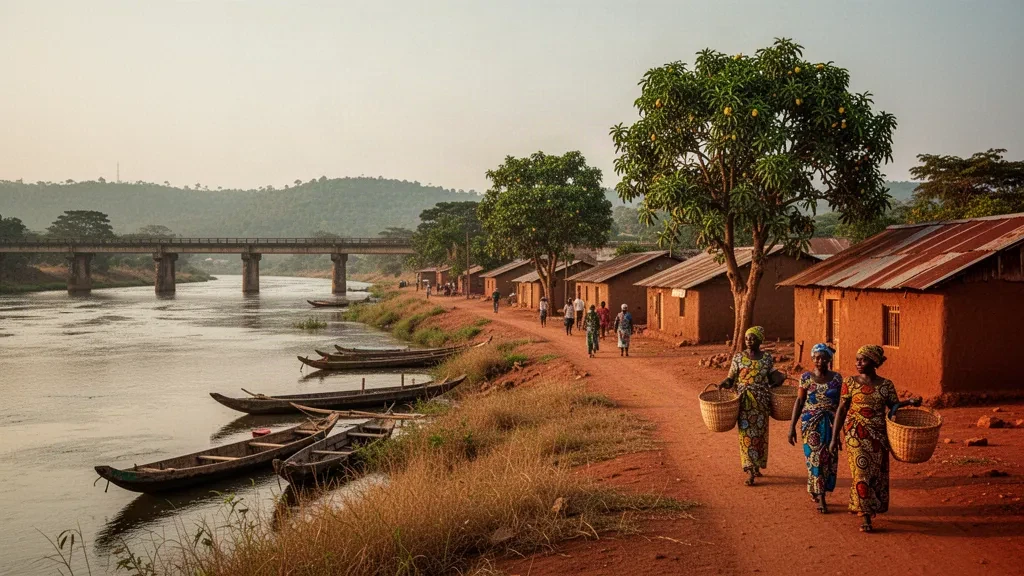 Riverside view of Faranah, Guinea, where mud-brick houses and mango trees line the Niger River under warm late-afternoon West African light