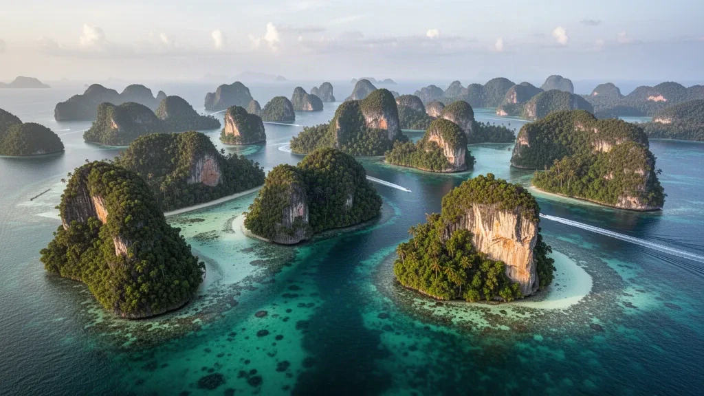 Aerial view of Palau's Rock Islands Southern Lagoon, with lush limestone islets rising from clear turquoise water in soft afternoon light.