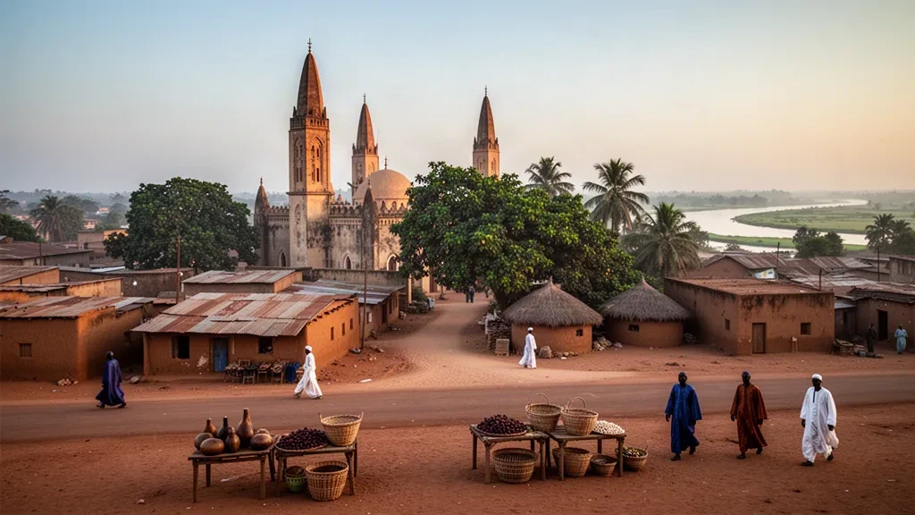La Gran Mezquita de Kankan elevándose sobre tejados ocres y mangos cerca del río Milo, en Guinea, iluminada por la cálida luz del final de la tarde